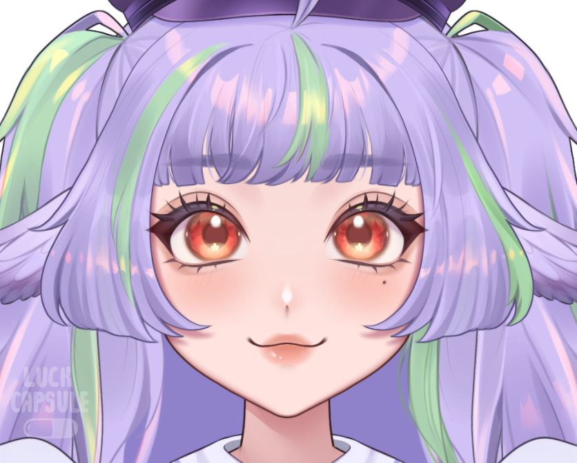 close up of a vtuber face. she is a pigeon girl with light purple hair with green streaks and bright red eyes. she has a beauty mark under her right eye