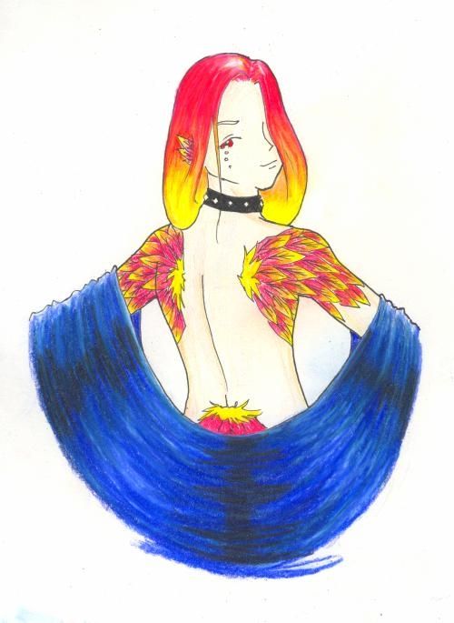 Micron and prismcolor pencils

Phoe-keep, demi god of Fire. Male appearing being turned with back towards viewer and hair of flame over shoulder. Back and tail feather appear to be tattooed in place, and any indefinite parts are covered by blue silk shawl.
