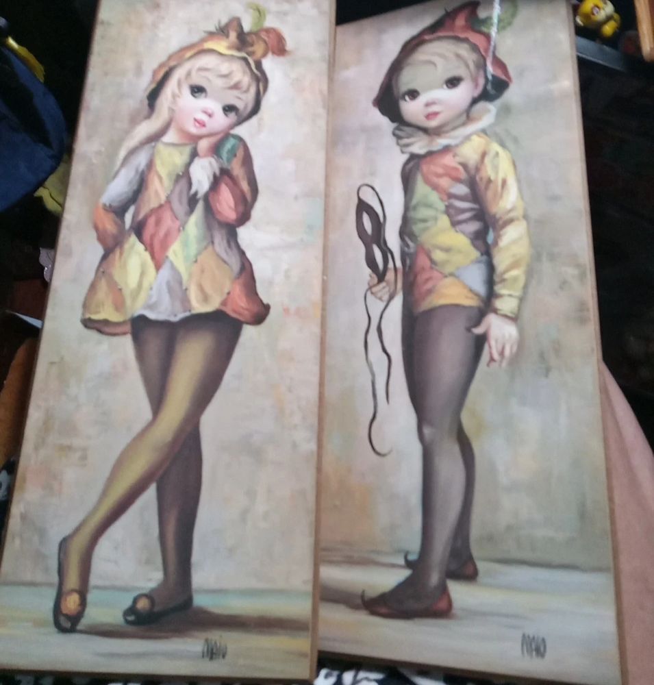 2 Prints of urchins (one female on left, male on right, holding mask) Harlequin clothing done by Maio, born Margaret Eugenia "Jean Maio" Stewart, on board