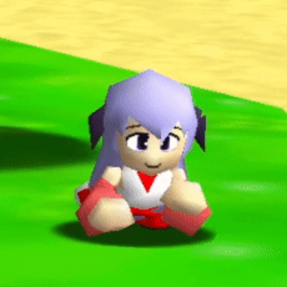 a cartoon girl with purple hair is sitting on the grass .