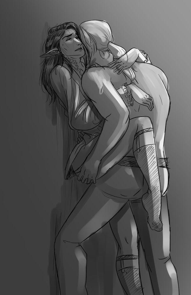 A rough sketch with some basic shading. Stephanivien is pinning Artoirel to the wall. They are both partially unclothed.