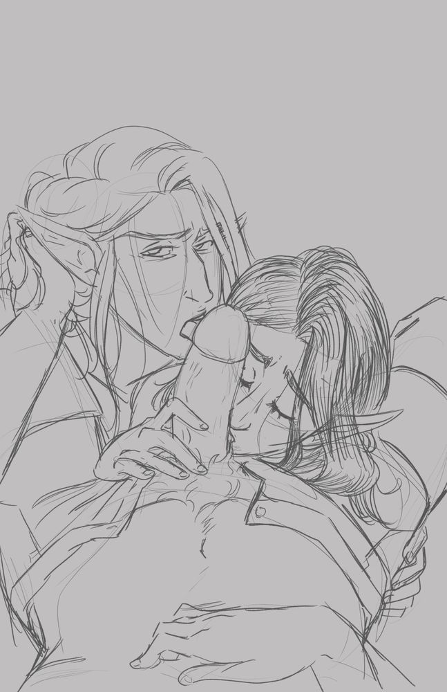 A rough sketch of Tedalgrinche and Artoirel both trying to get their mouths on Stephanivien's dick.