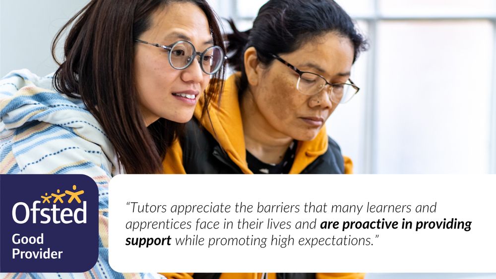 Quote reads: “Tutors appreciate the barriers that many learners and apprentices face in their lives and are proactive in providing support while promoting high expectations.”