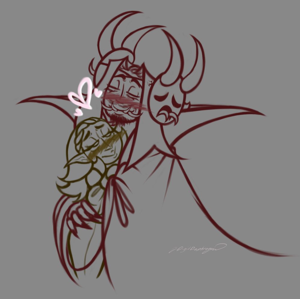 A lineart only drawing of my ocs Anastasius (left) & MD (right) hugging each other. MD’s cape covers both of them. The two are looking into each other's eyes lovingly. The background is gray.