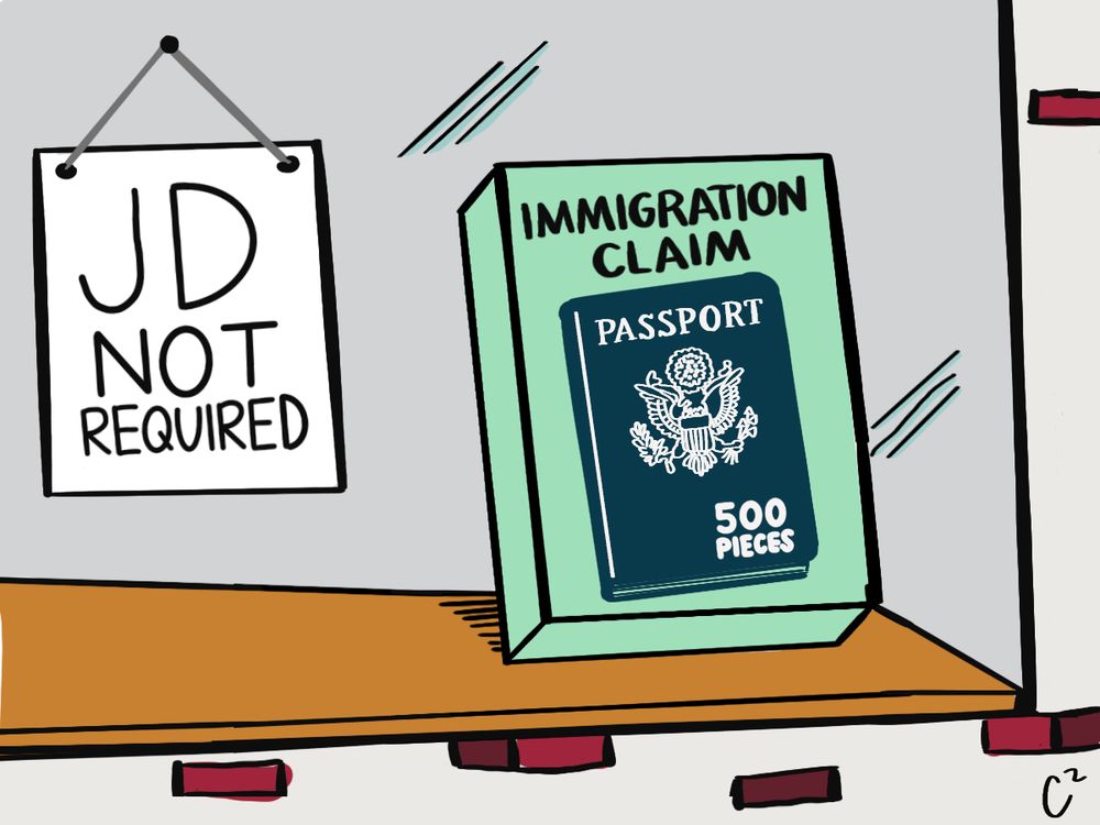 Cartoon depicting non-lawyer legal services in agency immigration litigation