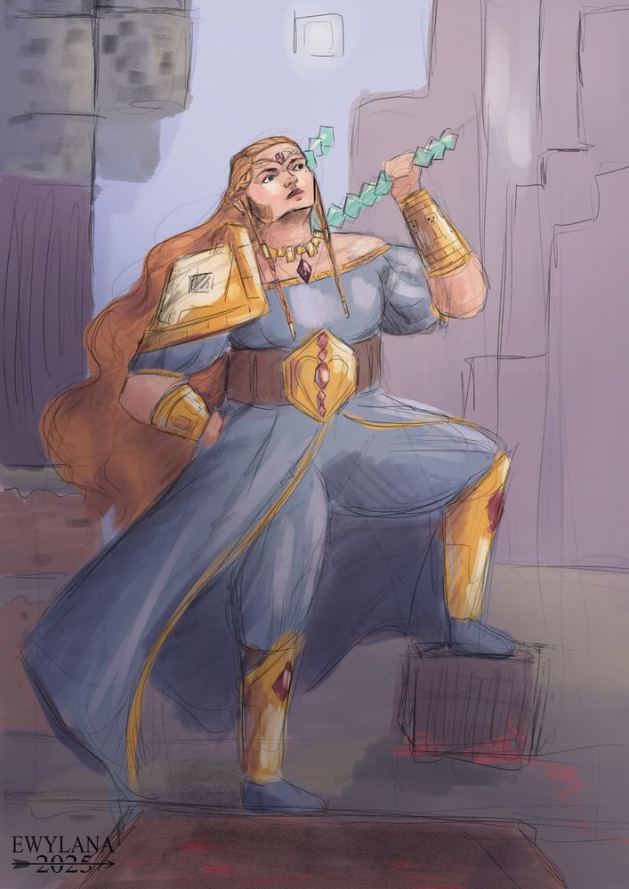 A sketch in pastel color showing a dwarf in blue dress posing with her mine pick in a cubic landscape