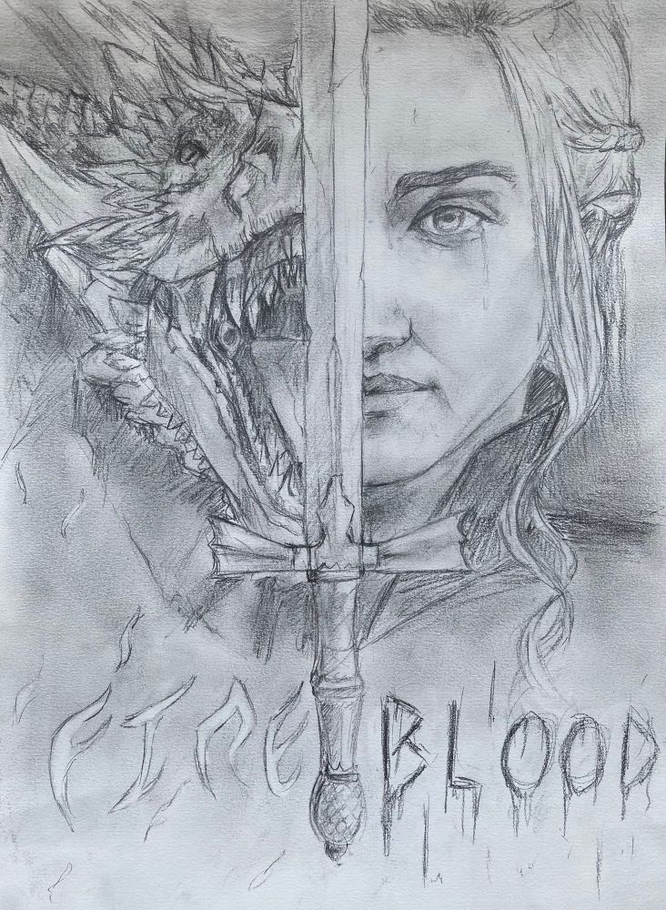 A pencil drawing split in two by a sword, left half show a dragon with open maw, right one daenerys face. Fire and blood is wrote in the bottom