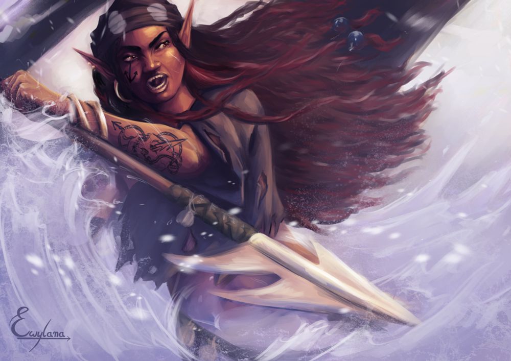 A black mermaid reaching out of water to throw a spear at the viewer
