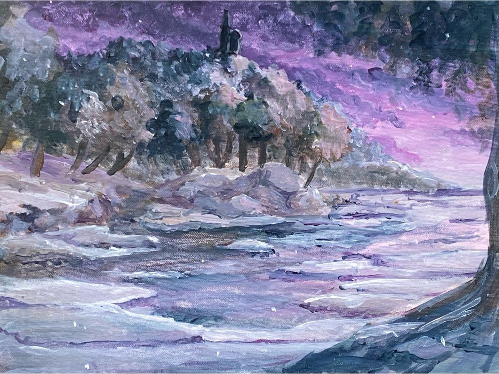 An acrylic painting of a snowy landscape at early dawn 