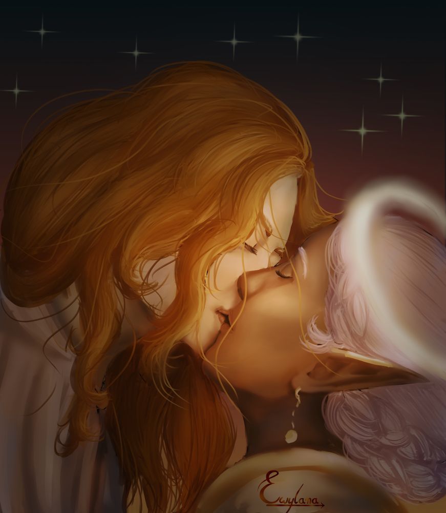 A drawing of an human and an elf kissing