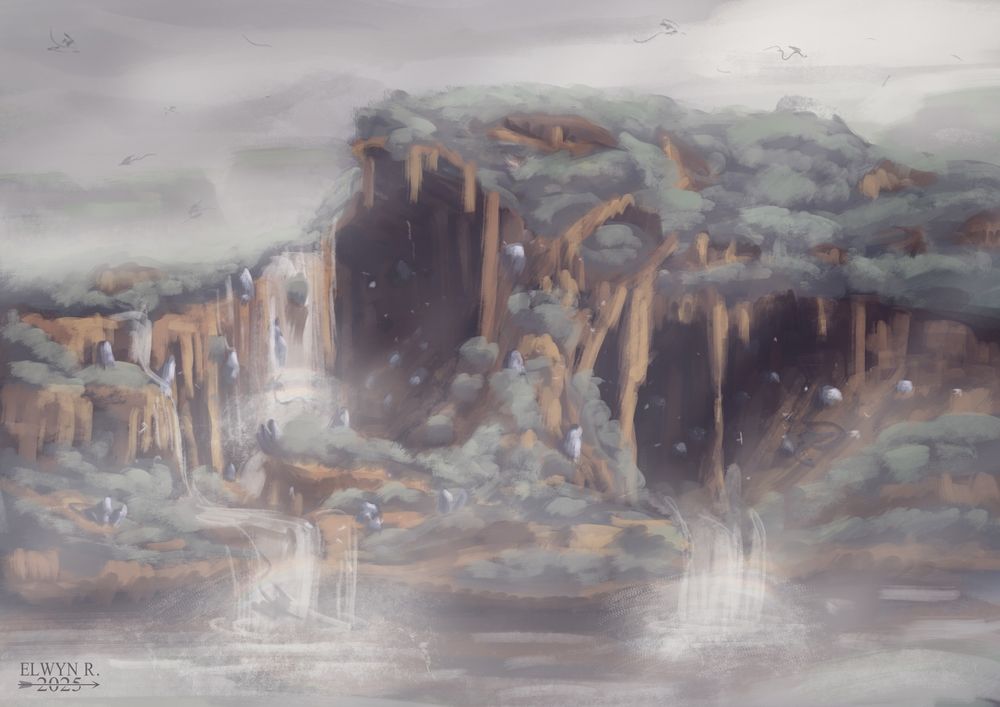 A rough drawing of a gigantic cave in the jungle by an overcast misty day. Numerous gems are visible around the cave entry.