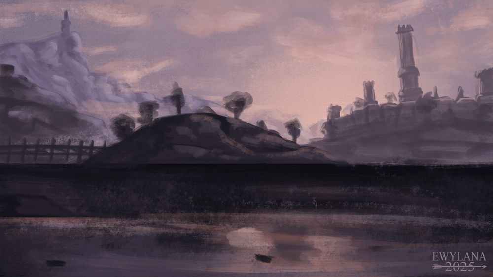 A sketch of a dawn light landscapes showing some mountains and hills as well as city walls and tower. Lower half show the reflective surface of a lake.