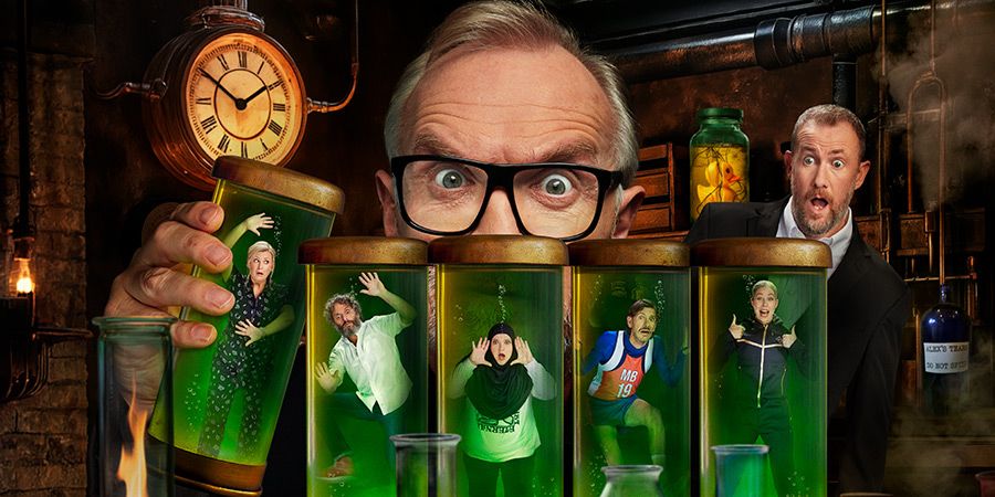 Series 19 Taskmaster poster, with Greg Davies holding test tubes containing the contestants and Alex Horne looking on with a surprised expression.