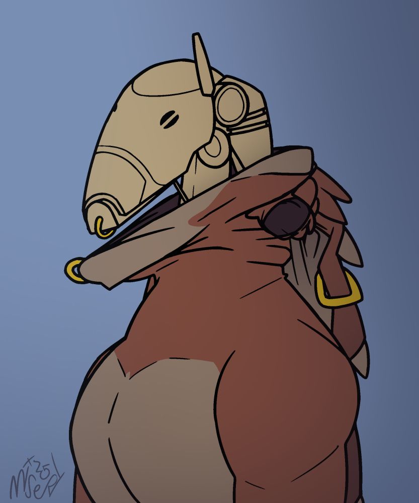 The Gungan's mouth is opened revealing a B1 Droid is wearing him