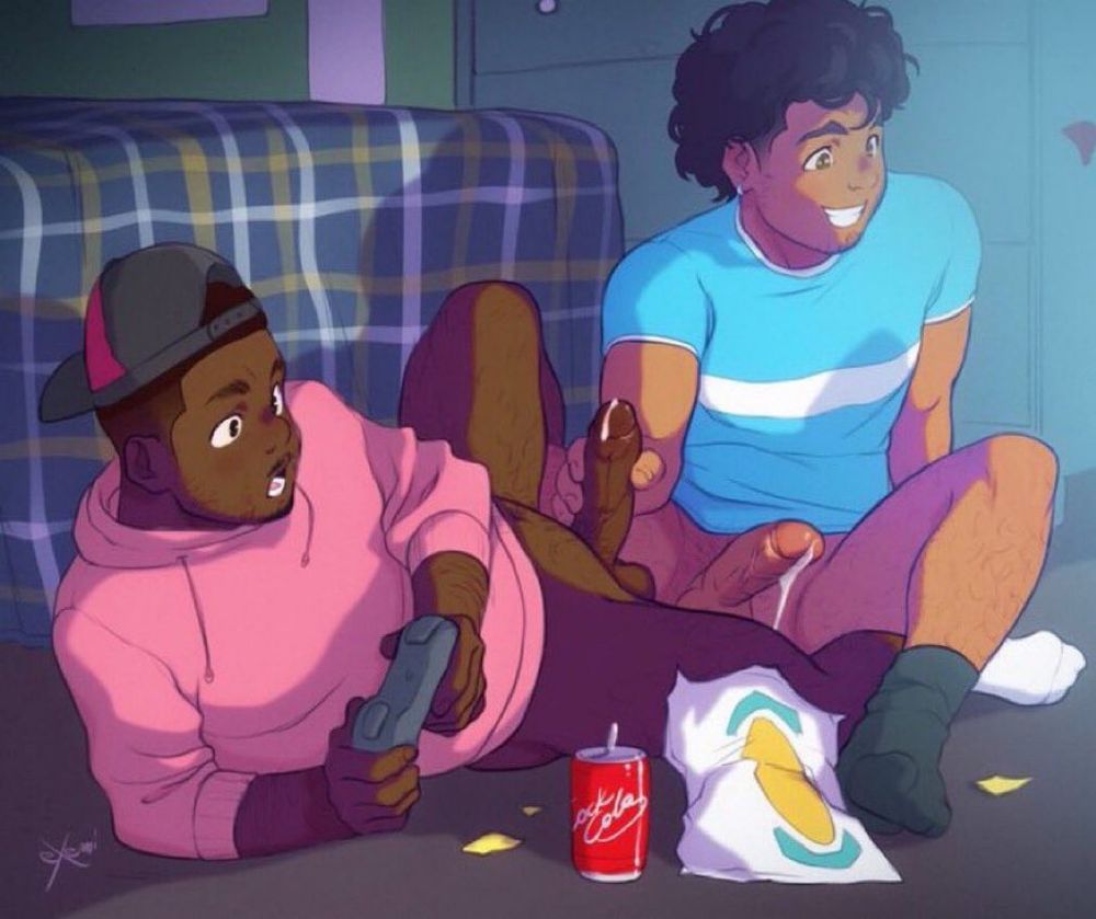 Just two guys having a game night playing with each other’s joysticks