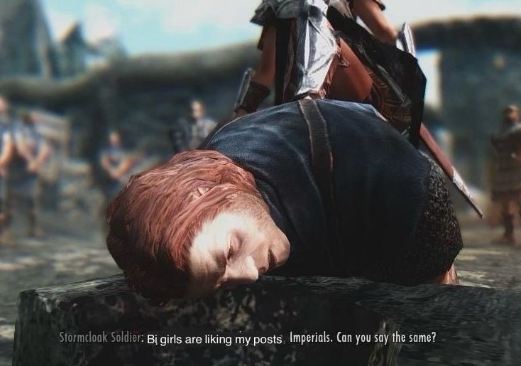 skyrim screenshot where the stormcloak soldier about to be beheaded says “bi girls are liking my posts, imperials. can you say the same?”
