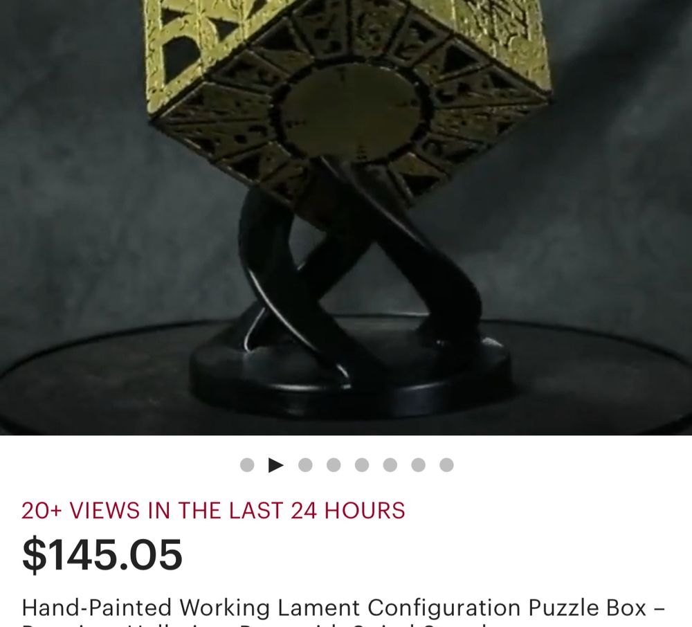 20+ VIEWS IN THE LAST 24 HOURS
$145.05
Hand-Painted Working Lament Configuration Puzzle Box -
Premium Hellraiser Prop with Spiral Stand