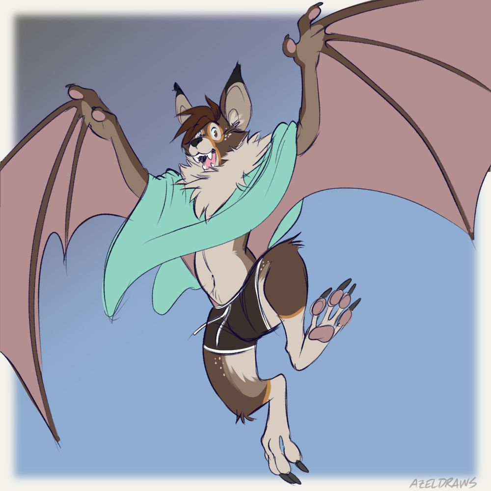 brown bat fursona in a green poncho and black short shorts flapping for joy