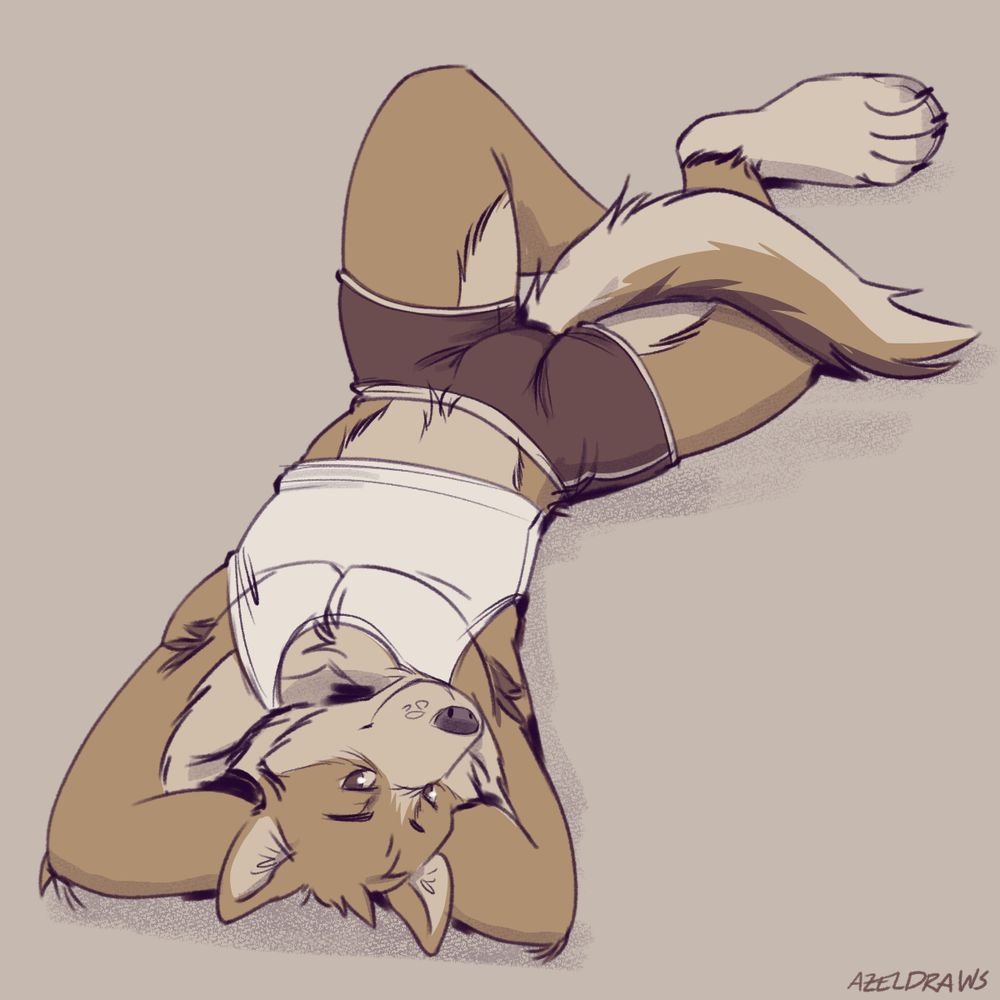Canine furry laying on back in shorts and tank top