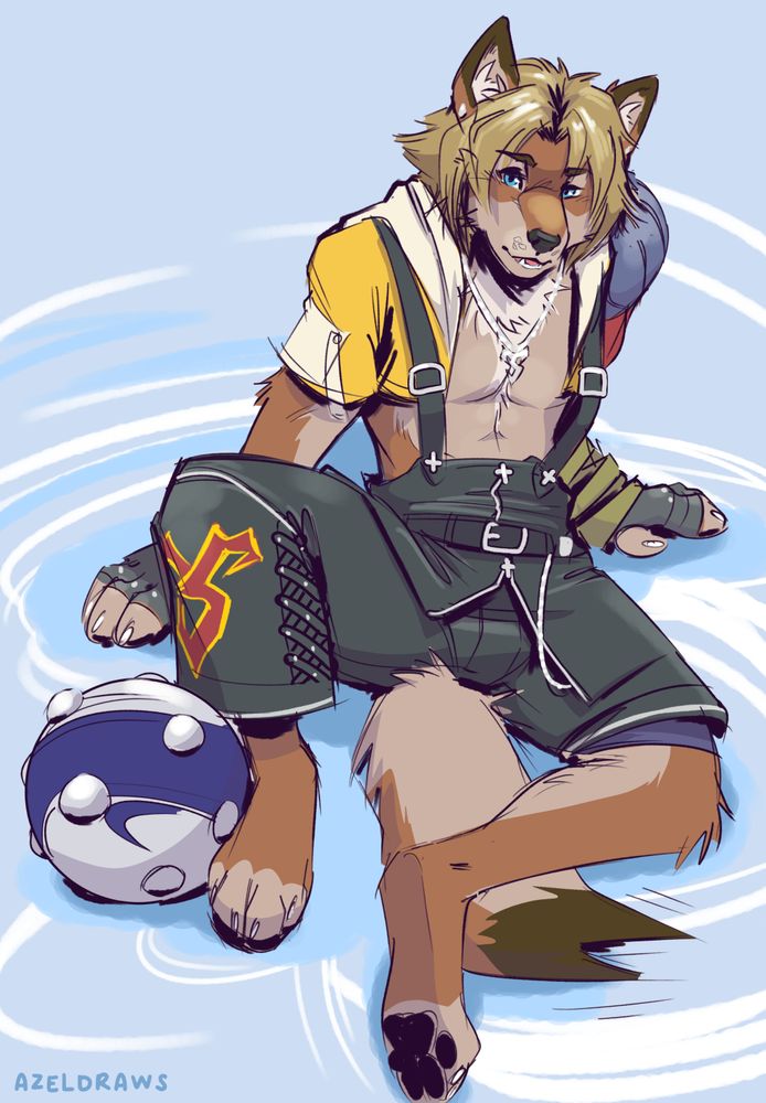 Furry version of Tidus from Final Fantasy X as a wolf, sitting in water next to a Blitzball, legs splayed, leaning back on his hand paws, and looking at the viewer.