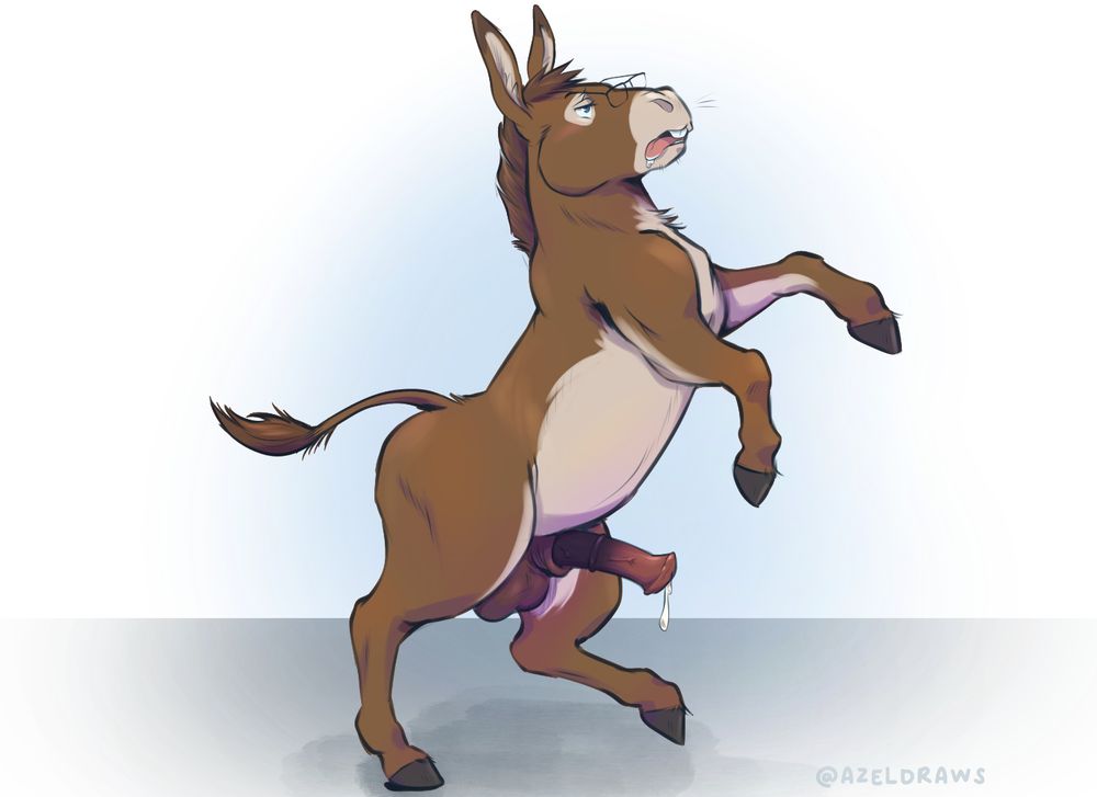 Donkey tf part 3- a fully transformed new jack attempts to still walk on his hind legs like a human. With a dazed look on his face, and somehow still wearing his glasses, he totters forward. His donkey cock dribbles out the last of his human seed.