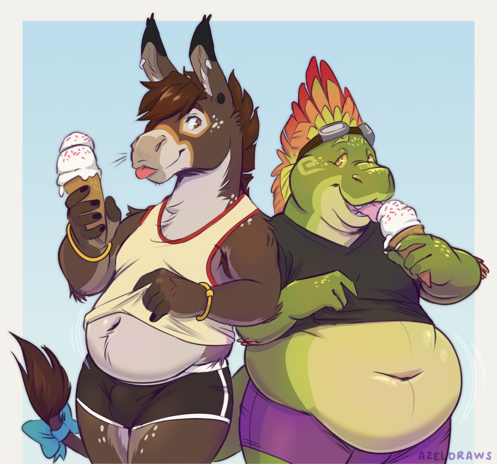 Azel and Tzin enjoying some ice cream cones and showing off their bellies