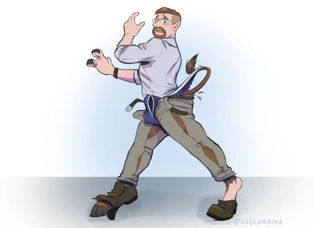 Donkey tf part 1- a man in office attire has begun transforming into a donkey. His feet burst out of his shoes, his tail ripping through his waistband, and his ears beginning to stretch up into points. He reaches out in shock with a hand that is fusing together