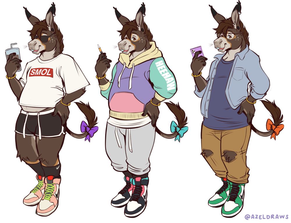 Azel the donkey ref sheet wip with 3 different outfits