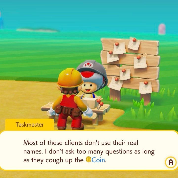 Mario Maker 2 screenshot. “Taskmaster: Most of these clients don’t use their real names. I don’t ask too many questions as long as they cough up the 🪙 Coin.”