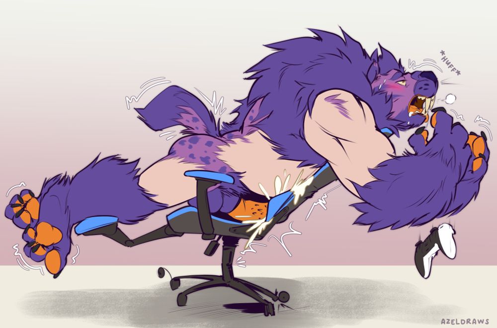Guy reclining on a gaming chair in mid transformation to a sabertooth cat, dropping a PS5 controller, and climaxing into the broken chair