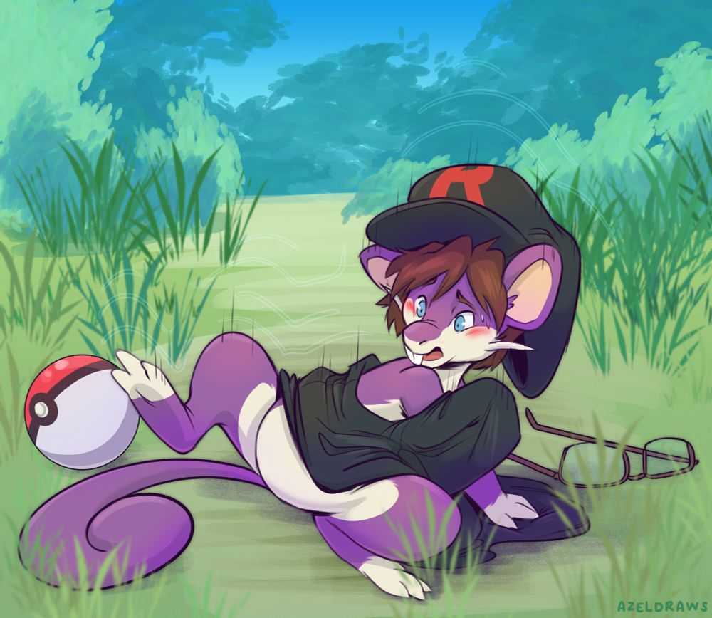 Drawing of a Team Rocket grunt transforming into a Rattata in a meadow