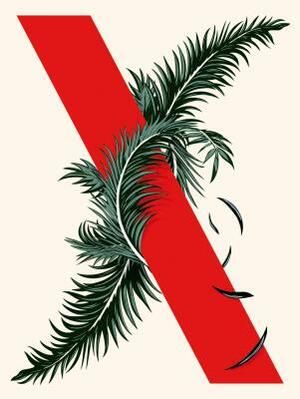 Cover for the Area X Trilogy by Jeff Vandermeer which depicts the branches of a pine for one part of the X while the other part of the X is a red line.