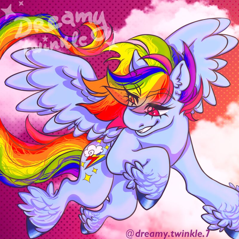 Rainbowdash, a character from My Little Pony, flying in a sunset background filled with clouds, while their mane and tail flows thanks to the wind, and their eyes look below them, smiling. Their hooves glow and their hair looks messy, because i wanted to experiment, but it looks kind of awfull.
