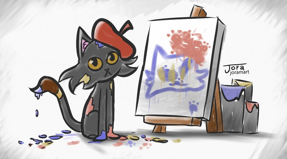 art of a black kitten sitting besides a easel with a canvas on it, the kitten is sitting down and has a beret on, covering one of their ears, the cat is also covered in paint, its front paws also covered in paint, and the end of their tail looks like a brush, that's also seems to have been dipped in paint.

drawn in the canvas we see a very "abstract" drawing of the cat next to it, i'm not gonna say it's crude, art is very subjective know?

the floor has paint all over it and there are buckets of paint behind the canvas.