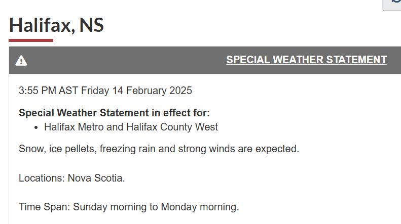 Image from an Environment Canada special weather statement for Sunday, February 16, 2025 warning of ice pellets, freezing rain, and strong winds for all of Nova Scotia. 