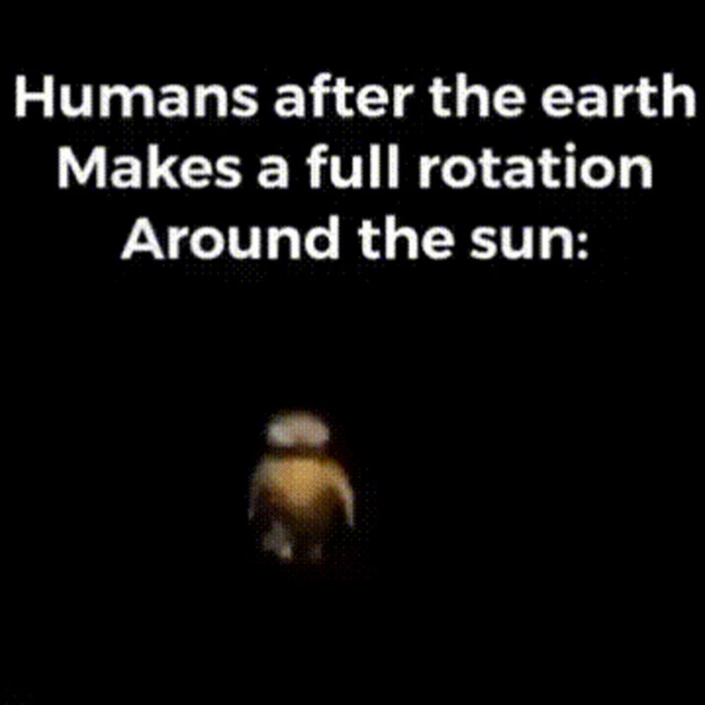 a picture of a puppet with a caption that says humans after the earth makes a full rotation around the sun