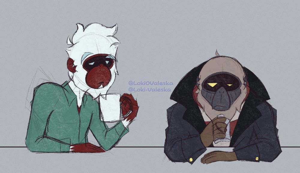 A digital procreate sketch of Benjamin (the Forever Train Engineer of MacBeth) and Sub Captain (of Zoness). They're sitting at a table drinking. 
Benjamin is on the left, looking quite tired while holding a coffee mug in his left hand. He's wearing a green button up shirt. 
Sub Captain is fully dressed in his striped sweater and blue coat. He looks more irked, rather than tired. He's holding a whisky flask in his right hand. 
