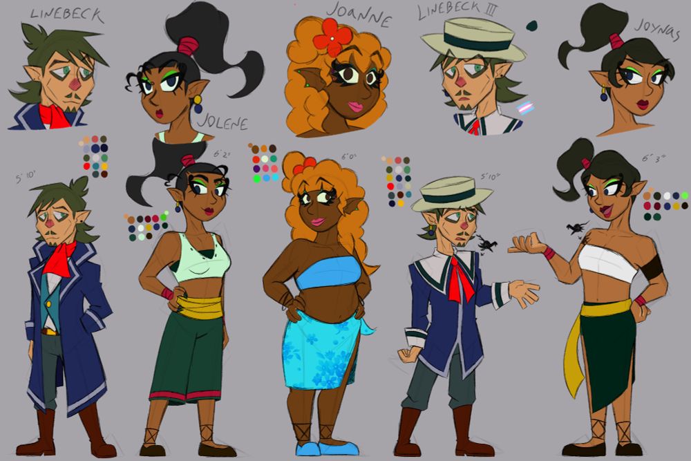 A digital reference sheet of Linebeck, Jolene, Joanne, Linebeck 3, and Joynas. The top of the canvas has headshots of each character, & below them are full body colored sketches. There are color swatches of each character's color palette. 
Linebeck is stated to be 5' 10", Jolene is 6' 2", Joanne is 6' 0", Linebeck 3 is also 5' 10", and Joynas is 6' 3". 
Linebeck 3 has the trans flag by his headshot, and there are Gleeok head tattoos on Linebeck 3 and Joynas' upper arms. 