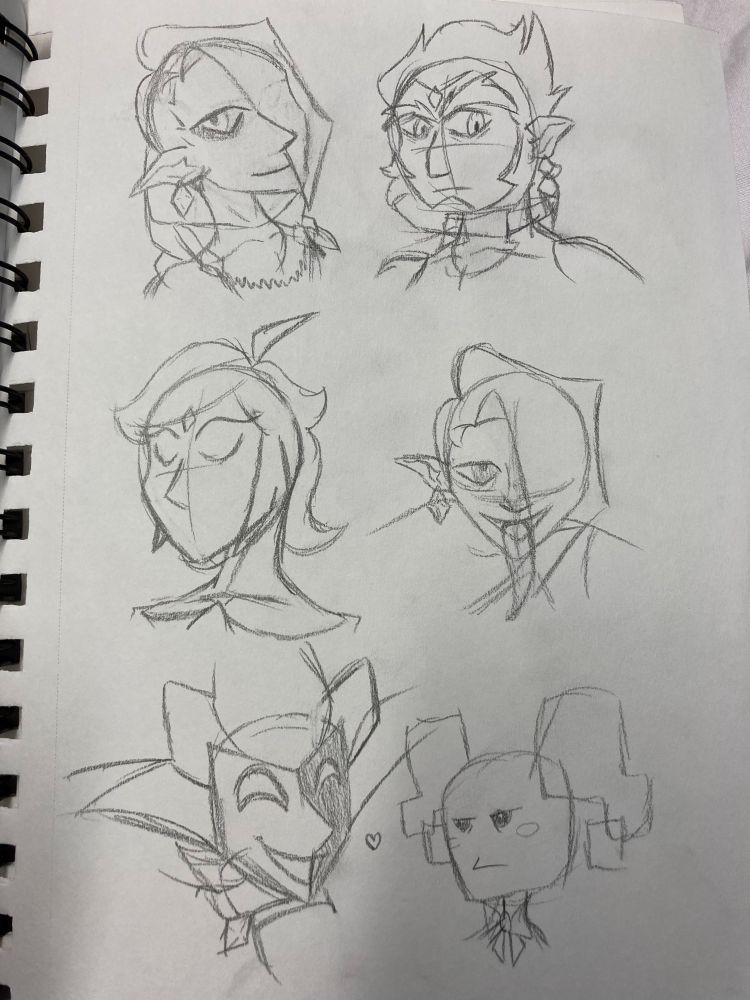 Various traditional headshot sketches of Zelda and SPM characters. 
Top row is Ghirahim and Ganondorf. Ghirahim is leaned back a little bit with his hair falling into his face. Ganondorf is as a 3/4 angle. 
Second row is Fi and Ghirahim. Fi is at a 3/4 angle, while Ghirahim is staring straight with his tongue hanging out. 
Bottom row is Dimentio and Mimi. Dimentio is leaning in towards Mimi, grinning. Mimi is looking at Dimentio with a peeved expression on her face. She's wearing a business suit. There's a heart in between them. 