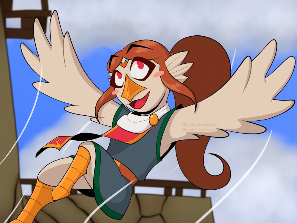 A digital drawing of Medli flying through the skies of Dragon Roost Island. She's being lifted by the wind with her wings spread, and she looks very happy. 