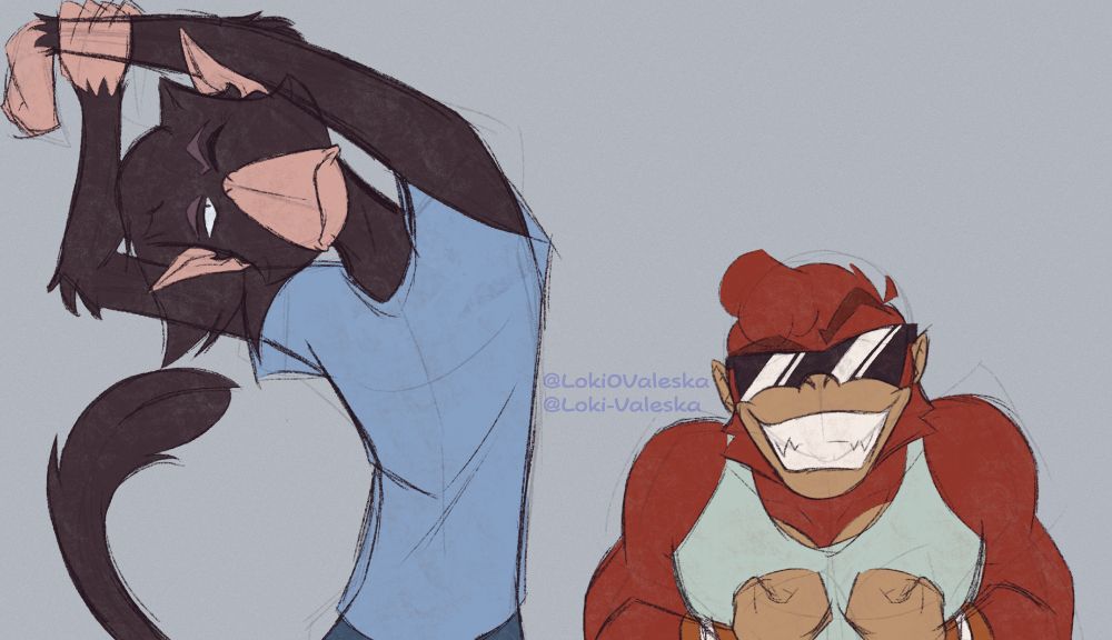 A digital procreate sketch of Vilmir (the Meteo Crusher Pilot) and Bennet (the Shogun Pilot from Sector Y). They're facing the screen, which is assumedly a mirror. Vilmir is on the left, stretching his arms by leaning to the left and pulling his left arm. 
Bennet is on the right, flexing his arms downward into the mirror and smiling. 
Bennet is flexing his arms downward into the mirror and smiling. 