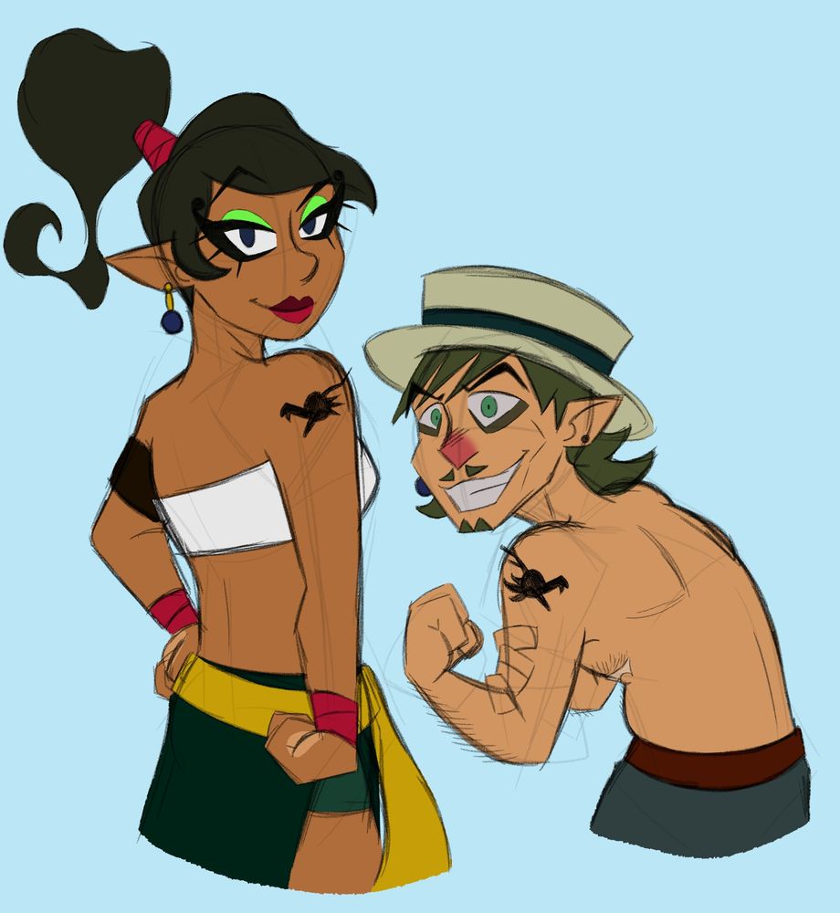 A digital sketch of Joynas and Linebeck 3 from Legend of Zelda: Spirit Tracks, posing with their tattoos, showing them off. Joynas is standing straight with her back and right shoulder facing the viewer as she looks confident. Linebeck 3 is standing shirtless, hunched over, flexing his left arm with his right hand on his left arm. He's smiling excitedly and attempting to look cool. 