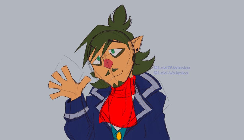 A digital drawing of Linebeck waving as the viewer. His head is somewhat tilted to the viewer's left. 