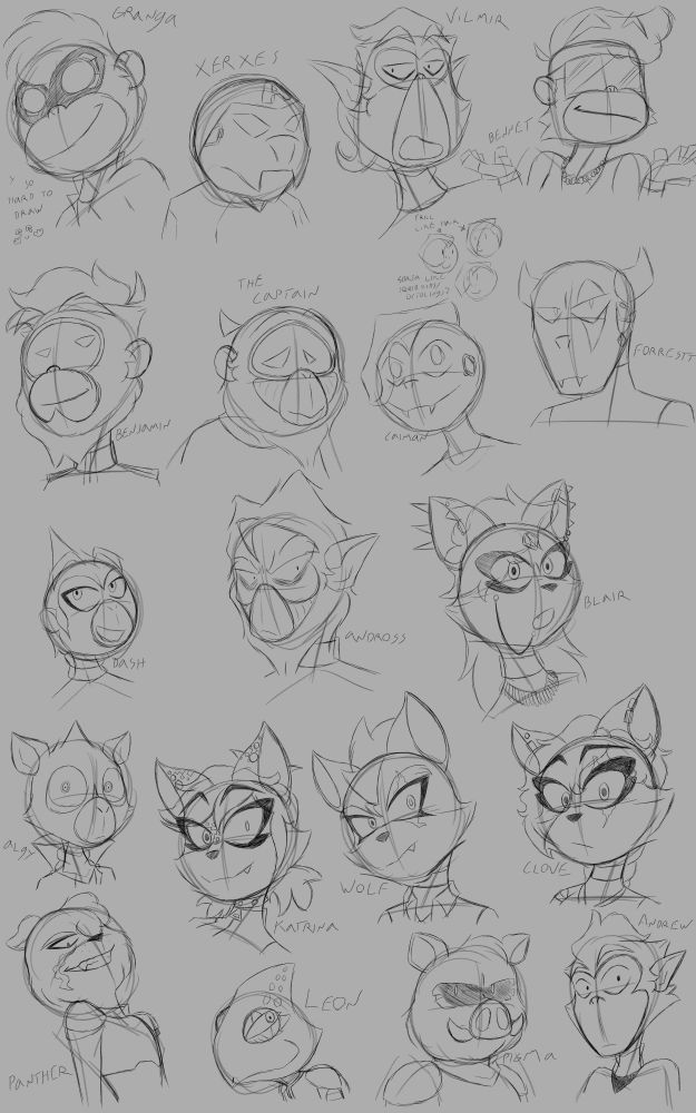 Many digital headshot sketches of team Star Wolf and Andross' army. 
In order we have: Granga, Xerxes, Vilmir, Bennet, Benjamin, Sub Captain, Caiman, Forrestt, Dash Bowman, Andross, Blair (OC), Algy, Katrina (OC), Wolf O'Donnell, Clove (OC), Panther Caroso, Leon Powalski, Pigma Dengar, and Andrew Oikonny. 