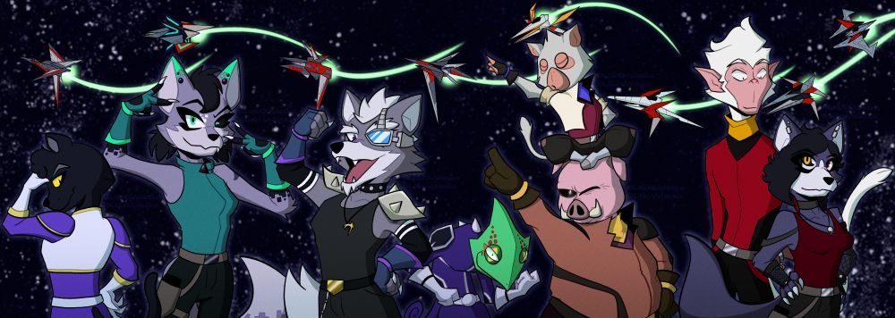 A digital banner of the Star Wolf team in a space background with their personal Wolfen ships behind them.
From left to right we have: Panther with his back to the viewer, his hand on his forehead. His Black rose ship from Command is behind him.
Katrina, an OC of mine, whose standing while doing two sideways peace signs and smiling. She's got a Wolfen 2 from 64.
Wolf whose standing with his hand on his hip and his other arm up in a somewhat flexing motion. He's got his Command Wolfen.
Leon is hunched over with his hands doing a fist pumping motion, also with his Command Wolfen, the Rainbow Delta.
Pigma is standing and doing a disco dance motion, with Algy sitting crossed legged on his head, who is also doing the same motion. Pigma has a modified SF NES Arwing & Algy has a SF 2 Wolfen.
Andrew is standing a bit behind my other OC, Clove. They're looking at each other fondly. Clove has her hands in her hips. Andrew has a 64 Wolfen, while Clove has a 64 3D Wolfen 2. 