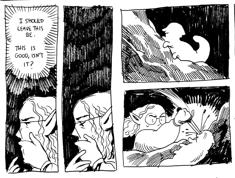 2.
diantha thinks to himself.
diantha: "i should leave this be. this is good, isn't it?"
he seems to second guess himself.
he uses a dagger to stab a cute little cave creature in the head.