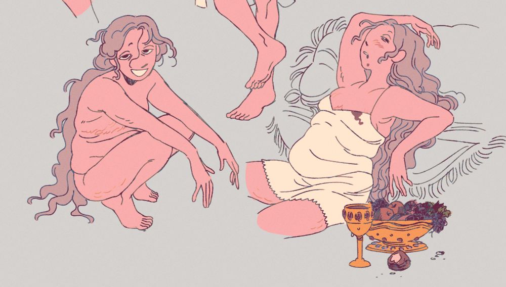 two more doodles. one where the man is naked and squatting, another where he's lounging around in a slip dress with a bowl of fruit and a goblet of wine.