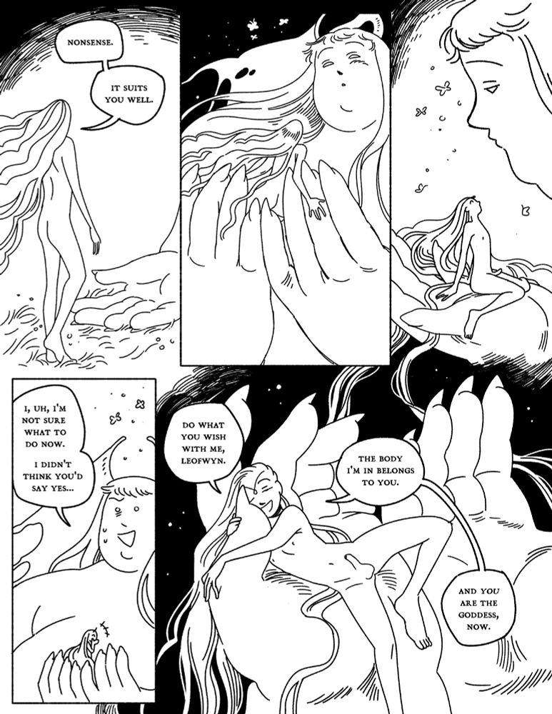 a comic page from 2023 with two characters, etheldred and leofwyn. they are bodyswapped. leofwyn's body is small and slender, while etheldred's body is fat and towering. leofwyn picks up etheldred and holds her in his palm, unsure how to continue with what he's initiated. etheldred laughs, and lounges against his giant fingers. she says "do what you wish with my, leofwyn. the body i'm in belongs to you. and you are the goddess, now."