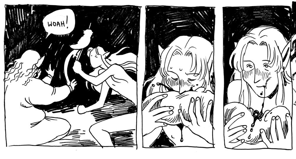 4.
mo snatches the creature kebab, startling diantha!
diantha: "woah!"
mo takes a big, gross, juicy bite of the creature, then looks up at di.
