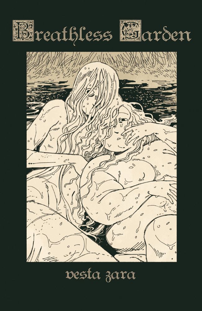 cover page for "breathless garden by vesta zara". an illustration of two characters laying together in a gross, stagnant pond.